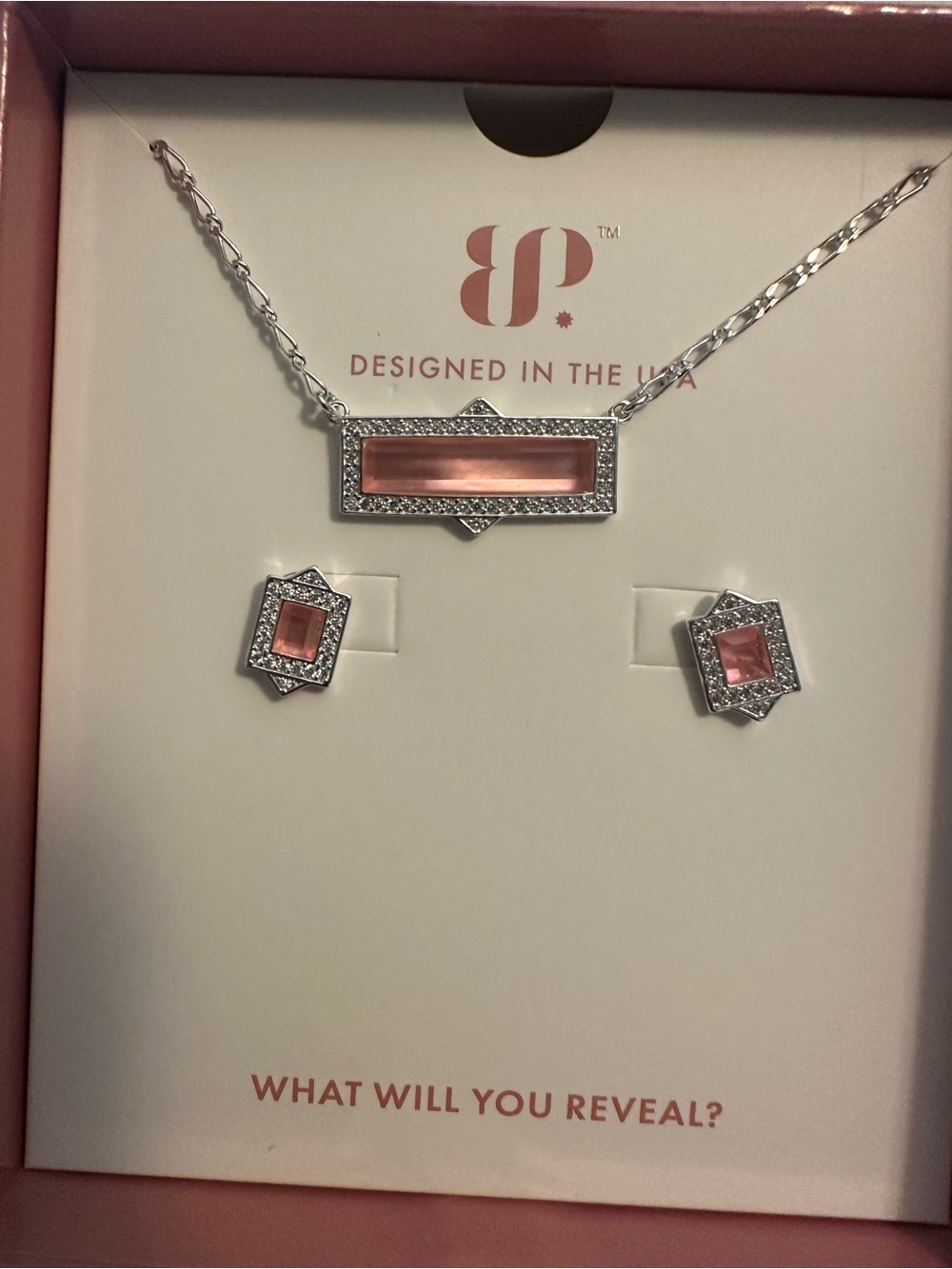 Rose Pink Crystal Bar Necklace and Stud Earring Set -